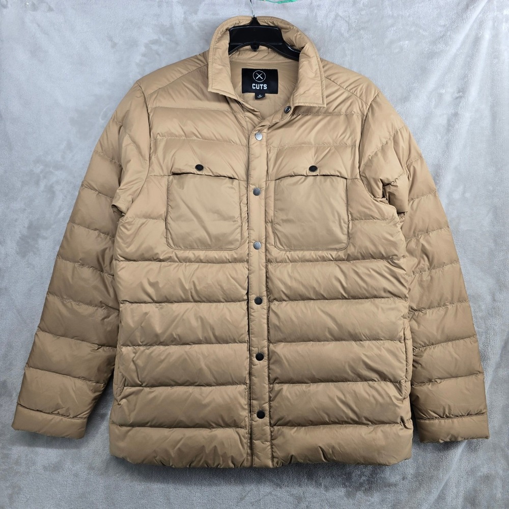 CUTS Clothing aasgard Mens Medium Puffer Jacket Down Jacket Snap Front Tan Beige